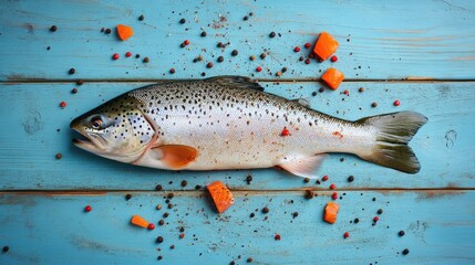 Wall Mural - Fresh trout fish surrounded by spices on a vibrant blue wooden table showcasing raw ingredients for culinary preparation.