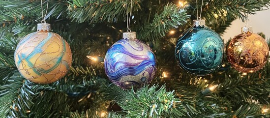 Poster - Colorful decorative ornaments hanging on a Christmas tree adorned with lights and greenery celebrating the festive holiday season