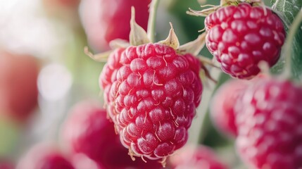 Canvas Print - Freshly picked raspberries with droplets of water closeup against a lush green background showcasing their vibrant color and texture.