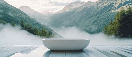 Poster - Relaxing outdoor white bathtub amidst foggy mountains creating a serene atmosphere for ultimate tranquility and rejuvenation