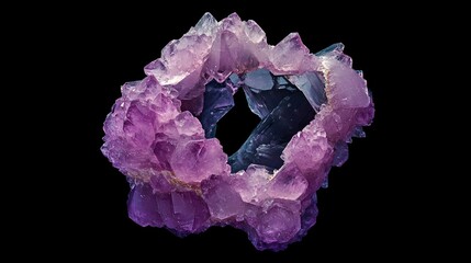 Poster - Pink amethyst crystal geode with distinctive purple hues and intricate formations isolated on black background for artistic and natural themes.