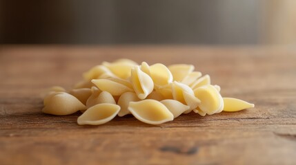 Wall Mural - Italian conchiglie pasta scattered on rustic wooden surface showcasing natural textures and colors for culinary and food photography