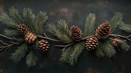Poster - Pine branches adorned with natural cones on a textured dark background for seasonal and nature-themed designs