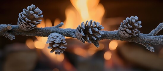 Poster - Frosted pine branch with cones set against a warm fire backdrop evoking a cozy winter ambiance in a softly blurred scene