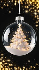 Poster - A transparent glass Christmas tree ornament hangs in the air. Inside it there is snow and a tree with christmas lights and golden magic sparkles, greeting card illustration