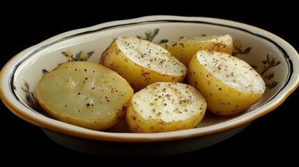 Poster - Baked Seasoned Potato Halves in Elegant Porcelain Platter on Black Background Culinary Showcase