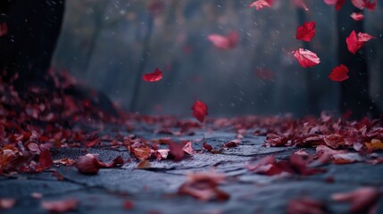 Poster - Autumn leaves falling on a misty forest path creating a tranquil and picturesque scene in nature during the fall season