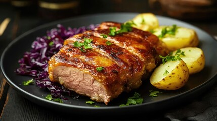 Poster - Succulent oven fried meat dish served with flavorful cabbage and roasted potatoes on a dark textured plate garnished with fresh herbs
