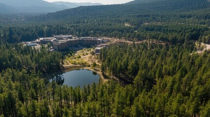 Poster - Aerial view of a serene pine forest landscape with a tranquil lake surrounded by lush greenery and mountainous terrain in the background.