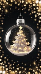 Poster - A transparent glass Christmas tree ornament hangs in the air. Inside it there is snow and a tree with christmas lights and golden magic sparkles, greeting card illustration