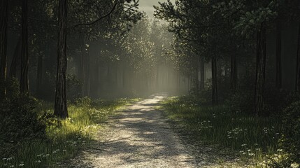 Poster - Serene forest path illuminated by soft sunlight creating a tranquil outdoor atmosphere perfect for nature exploration and relaxation.