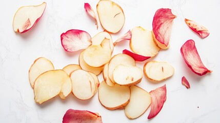 Wall Mural - Freshly Sliced Red Potatoes with Petals on White Marble Background Ideal for Culinary and Food Presentation Concepts