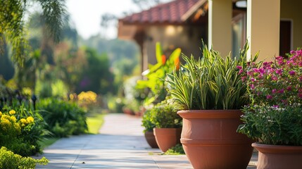 Poster - Vibrant ornamental plants in terracotta pots enhancing the beauty of a charming entrance pathway to a house in sunny outdoor setting