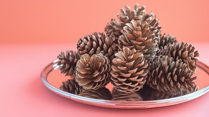 Poster - Pine cones displayed on a reflective platter against a soft pink background for decorative or seasonal themes.