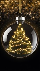 Poster - A transparent glass Christmas tree ornament hangs in the air. Inside it there is snow and a tree with christmas lights and golden magic sparkles, greeting card illustration