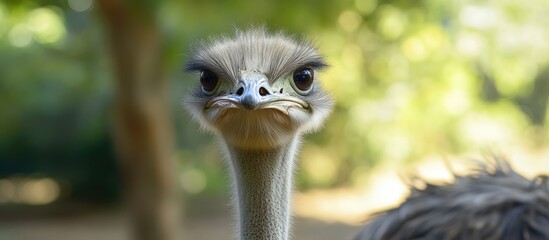 Aufkleber - Ostrich portrait in natural habitat showcasing unique features within a serene National Park setting.