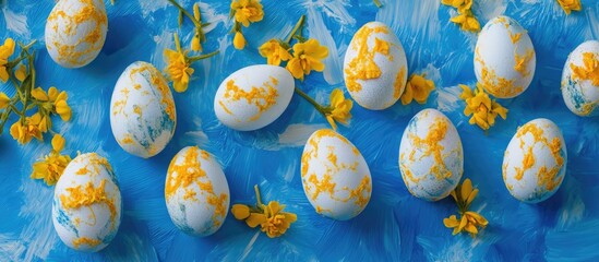 Aufkleber - Aerial view of painted Easter eggs with yellow flowers on a vibrant blue background symbolizing spring celebrations with space for text.