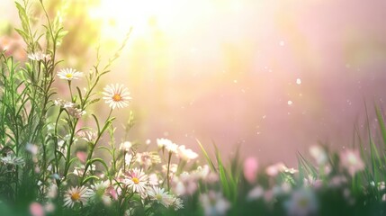 Aufkleber - Blooming daisies in a sunlit meadow creating a serene nature scene representing beauty, spring, and alternative healing through nature.