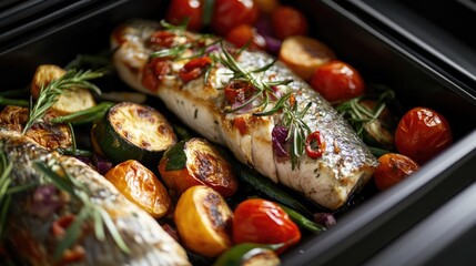 Poster - Oven baked mackerel with mixed vegetables herbs and vibrant colors in a roasting tray