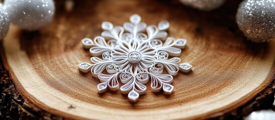 Poster - Quilled paper snowflake design displayed on a rustic wooden surface surrounded by festive decorations