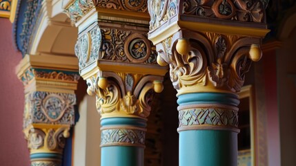 Poster - Intricately detailed museum entrance pillars showcasing vibrant colors and ornate designs in architectural elegance