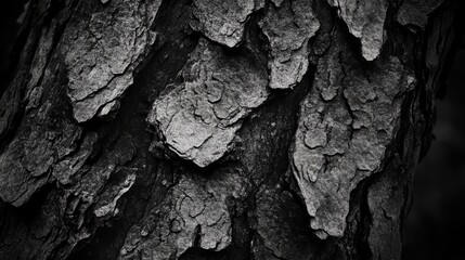 Poster - Close-up of textured pine tree bark showcasing natural patterns and earthy tones in a serene black and white format.