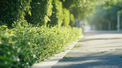 Poster - Lush greenery lining a tranquil roadside during daylight creating a serene and inviting atmosphere for outdoor walks and leisure activities