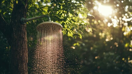 Poster - Outdoor shower surrounded by greenery with sunlight filtering through leaves creating a serene and refreshing ambiance in nature.