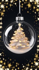 Poster - A transparent glass Christmas tree ornament hangs in the air. Inside it there is snow and a tree with christmas lights and golden magic sparkles, greeting card illustration