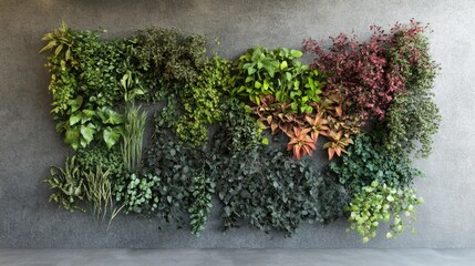 Poster - Vertical garden with a variety of ornamental plants showcasing lush greenery against a modern concrete wall design