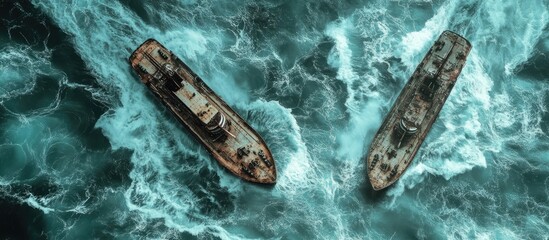 Poster - Dramatic aerial view of two ships navigating turbulent sea waters creating contrasting waves ideal for backgrounds or maritime themes