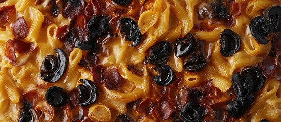 Poster - Delicious homemade penne pasta with mushrooms, pork, bacon, cheese, and herbs baked to perfection for a hearty meal.