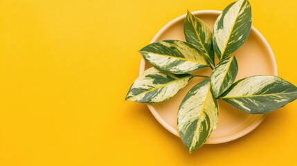 Aufkleber - Ornamental plant leaves featuring vibrant green and yellow stripes on a beige plate against a bright yellow background