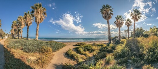 Poster - Coastal panorama featuring palm trees and sandy beach with a clear sky and ocean waves in the background