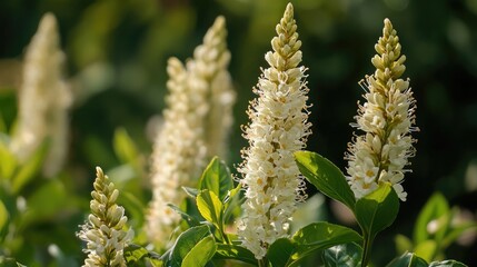 Poster - Oswego tea flowers in full bloom showcasing delicate white petals and lush green foliage against a soft blurred background