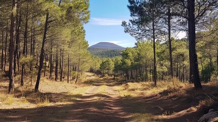 Poster - Pine forest pathway leading through a serene Nature Reserve with distant mountains under a clear blue sky