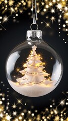 Poster - A transparent glass Christmas tree ornament hangs in the air. Inside it there is snow and a tree with christmas lights and golden magic sparkles, greeting card illustration