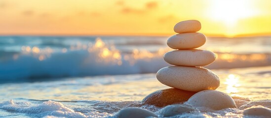 Poster - Pebbles balanced on the beach with gentle waves and a vibrant sunrise creating a serene coastal landscape atmosphere