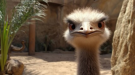 Aufkleber - Curious Ostrich Close-Up Captured in a Zoo Environment with Fluffy Muzzle and Intense Eyes