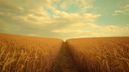 Poster - Golden wheat fields under a vibrant sky with colorful clouds at sunset creating a serene agricultural landscape scene