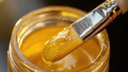 Poster - Closeup of a paintbrush dipping into a jar of vibrant yellow paint showcasing texture and color for art and design projects.
