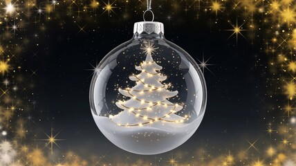 Poster - A transparent glass Christmas tree ornament hangs in the air. Inside it there is snow and a tree with christmas lights and golden magic sparkles, greeting card illustration