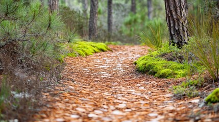 Poster - Pine forest pathway surrounded by moss and grass creating a serene woodland atmosphere in nature's tranquility