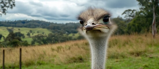 Aufkleber - Ostrich close-up portrait in a lush national park setting surrounded by green hills and cloudy skies.