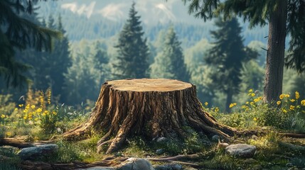Poster - Pine tree stump surrounded by lush forest greenery under soft sunlight with vibrant flowers and rocks in natural landscape setting