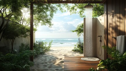 Poster - Scenic Outdoor Shower Surrounded by Lush Greenery with Beach View and Soft Sand Underfoot