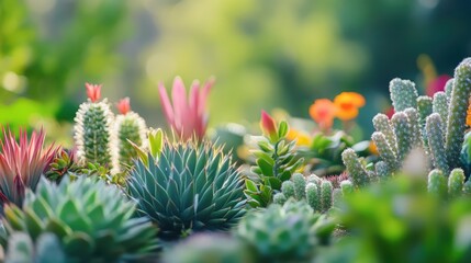 Aufkleber - vibrant ornamental plants and succulents thriving in a serene nature park setting with soft bokeh background showcasing natural beauty