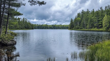 Aufkleber - Serene lake landscape with overcast skies and lush greenery in a tranquil wilderness setting