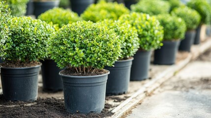 Aufkleber - Ornamental plant nursery showcasing a variety of small shrubs in pots along garden paths for a plant shop catalog concept
