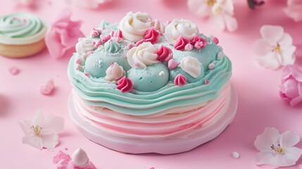 Poster - Decorative pastel frosted cake with floral accents on a pink background surrounded by soft petals